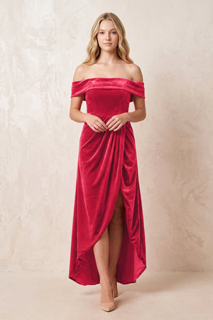 Off - the - Shoulder Sheath Velvet Midi Bridesmaid Dress in Merlot - KISS BRIDAL Bridesmaid Dresses