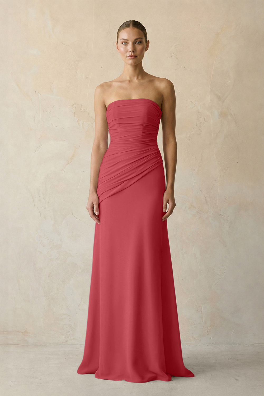 Sheath Chiffon Strapless Pleated Bridesmaid Dress in Merlot
