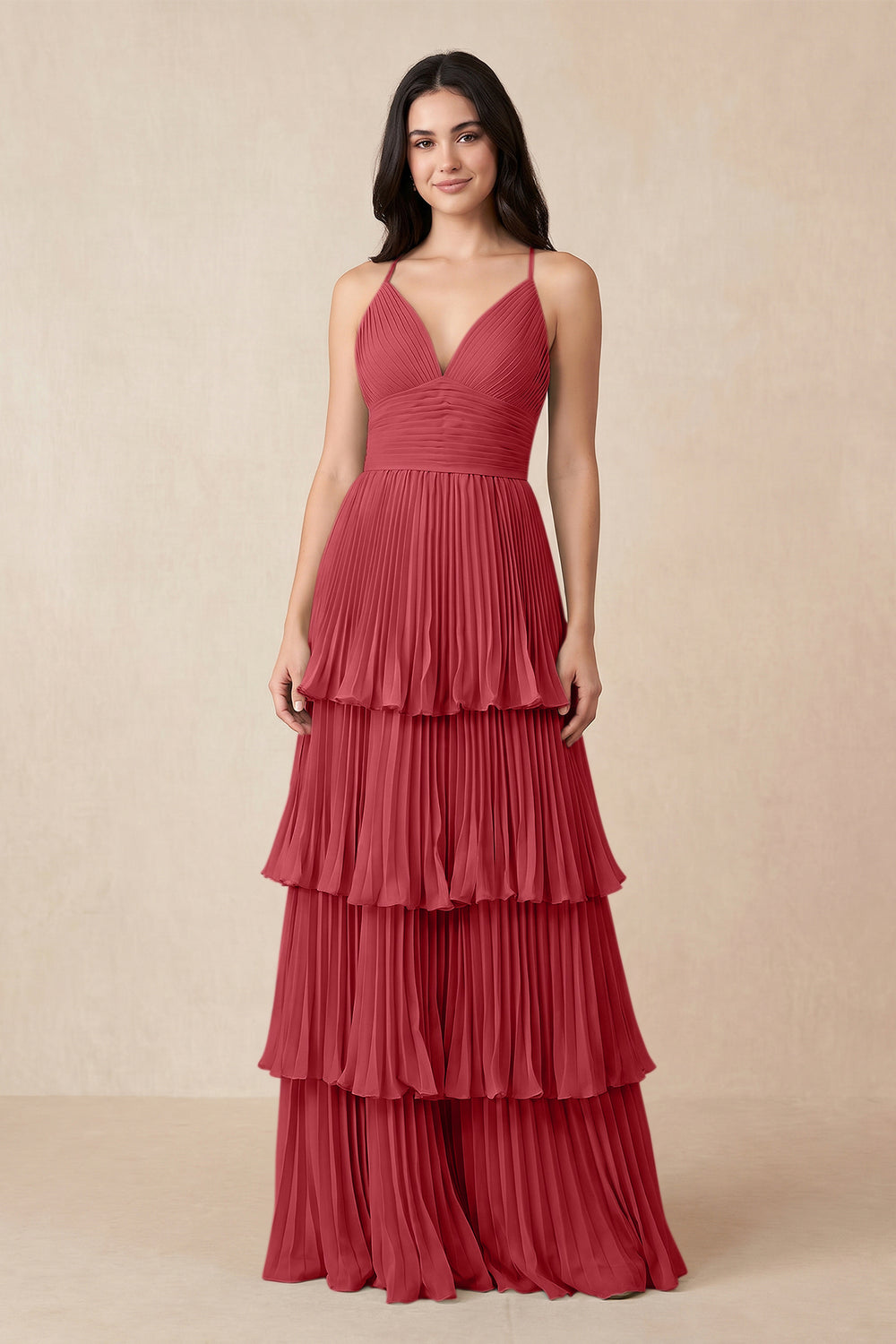 Tiered Pleated V-Neck A-Line Chiffon Bridesmaid Dress in Merlot