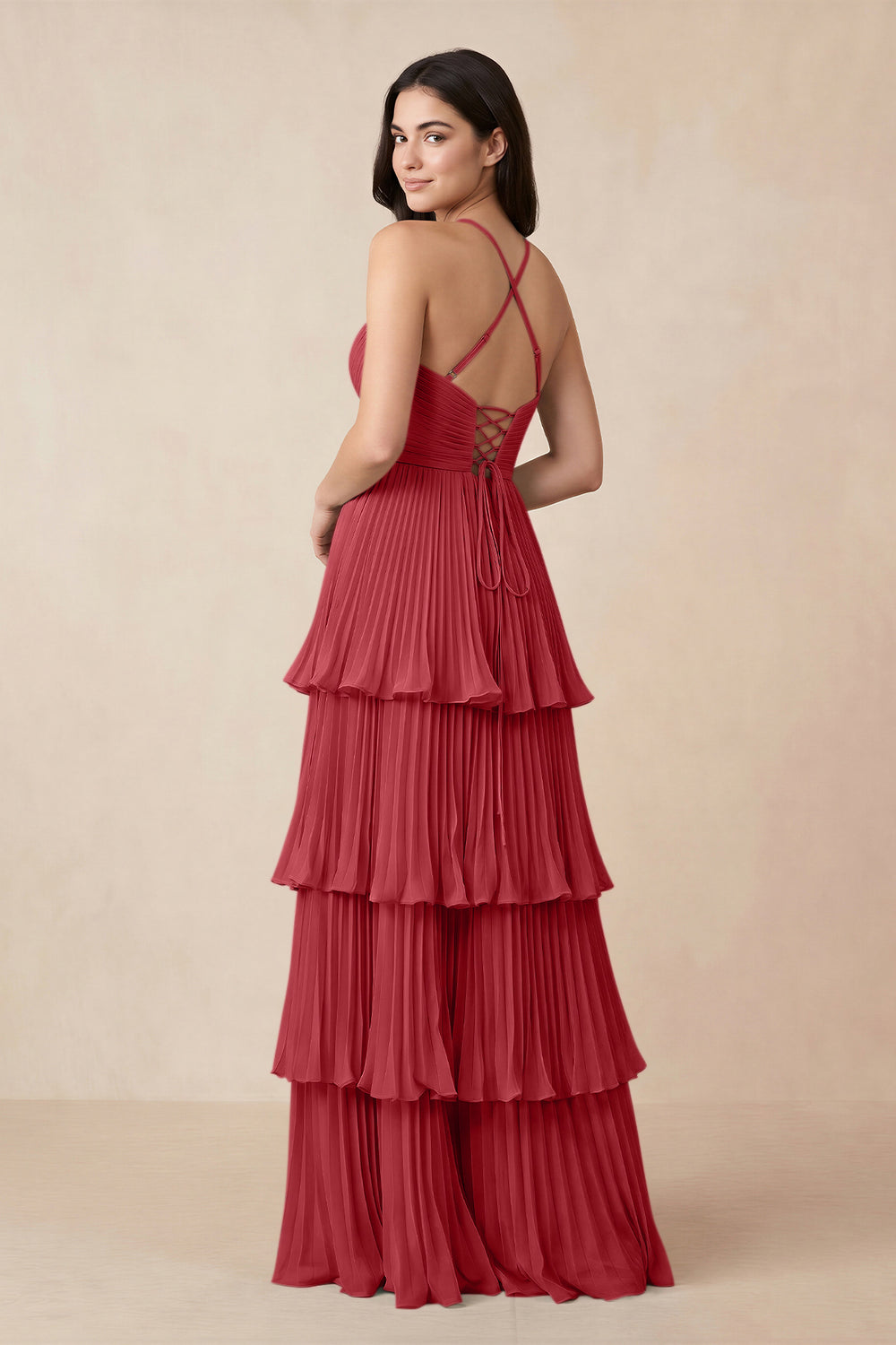 Tiered Pleated V-Neck A-Line Chiffon Bridesmaid Dress in Merlot