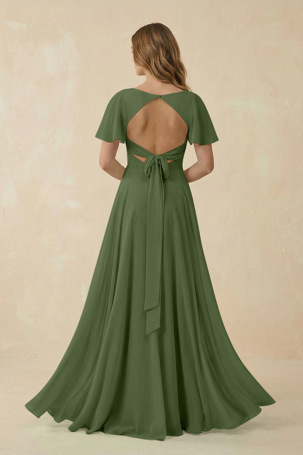 Flutter Sleeve V-Neck Chiffon A-Line Bridesmaid Dress in Moss
