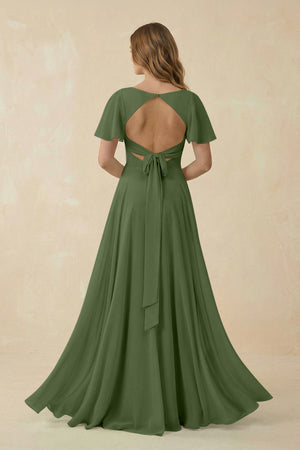Flutter Sleeve V-Neck Chiffon A-Line Bridesmaid Dress in Moss | KISSBRIDAL