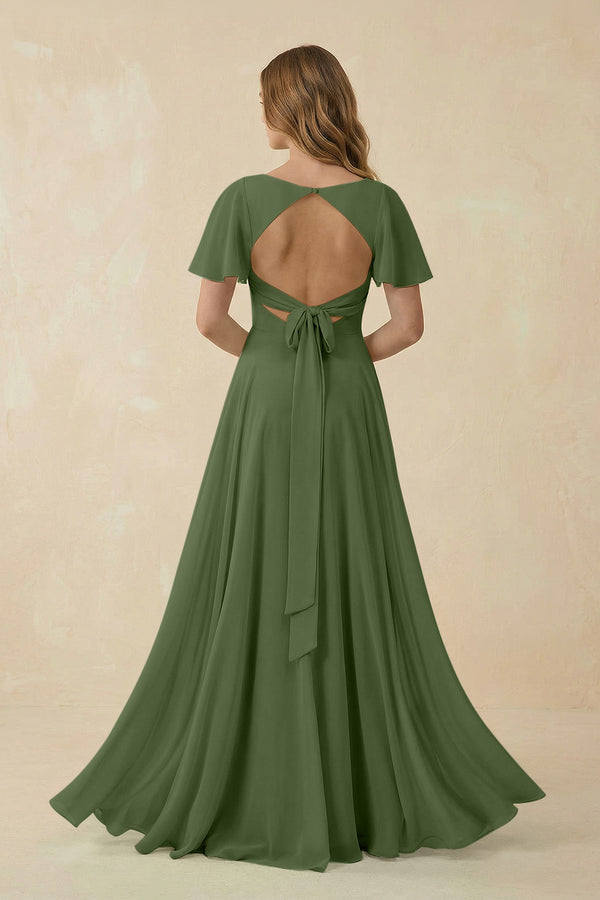 Flutter Sleeve V-Neck Chiffon A-Line Bridesmaid Dress in Moss | KISSBRIDAL
