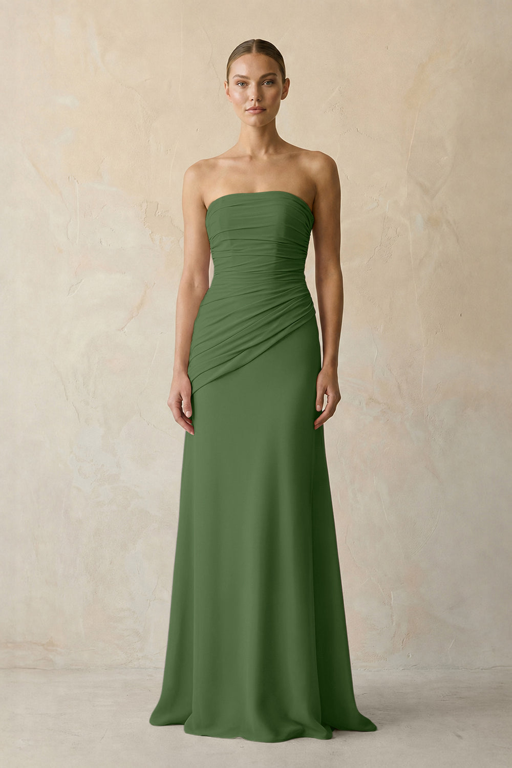 Sheath Chiffon Strapless Pleated Bridesmaid Dress in Moss