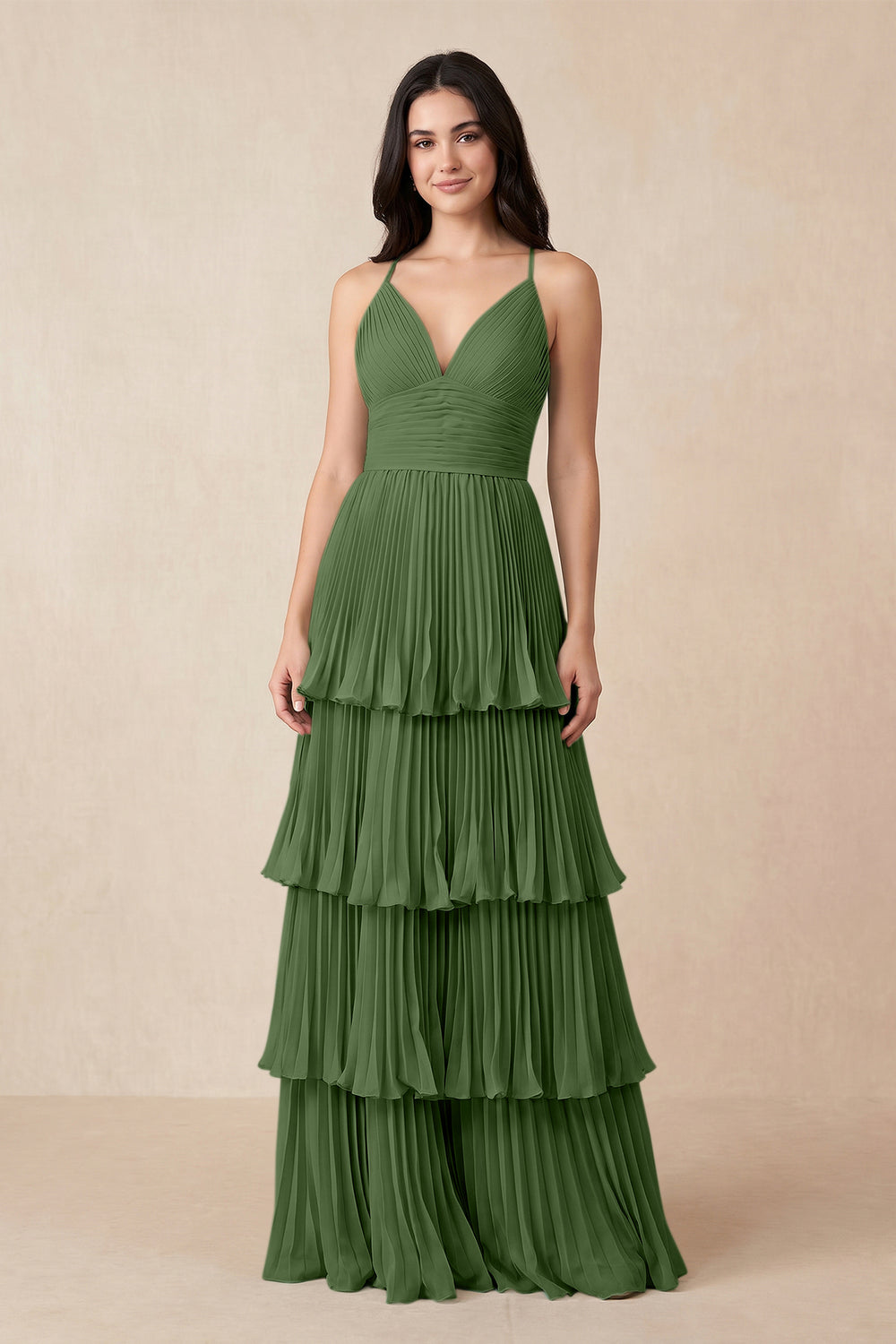 Tiered Pleated V-Neck A-Line Chiffon Bridesmaid Dress in Moss