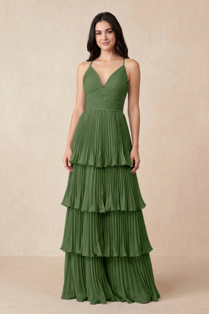 Tiered Pleated V - Neck A - Line Chiffon Bridesmaid Dress in Moss - KISS BRIDAL Bridesmaid Dresses