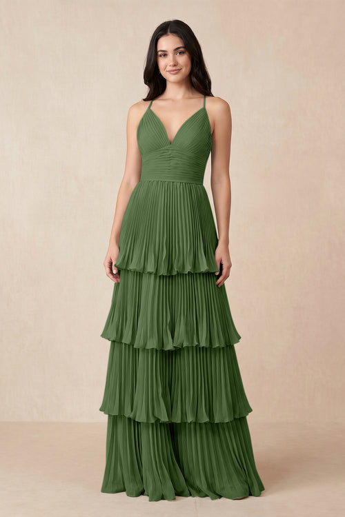 Tiered Pleated V - Neck A - Line Chiffon Bridesmaid Dress in Moss - KISS BRIDAL Bridesmaid Dresses