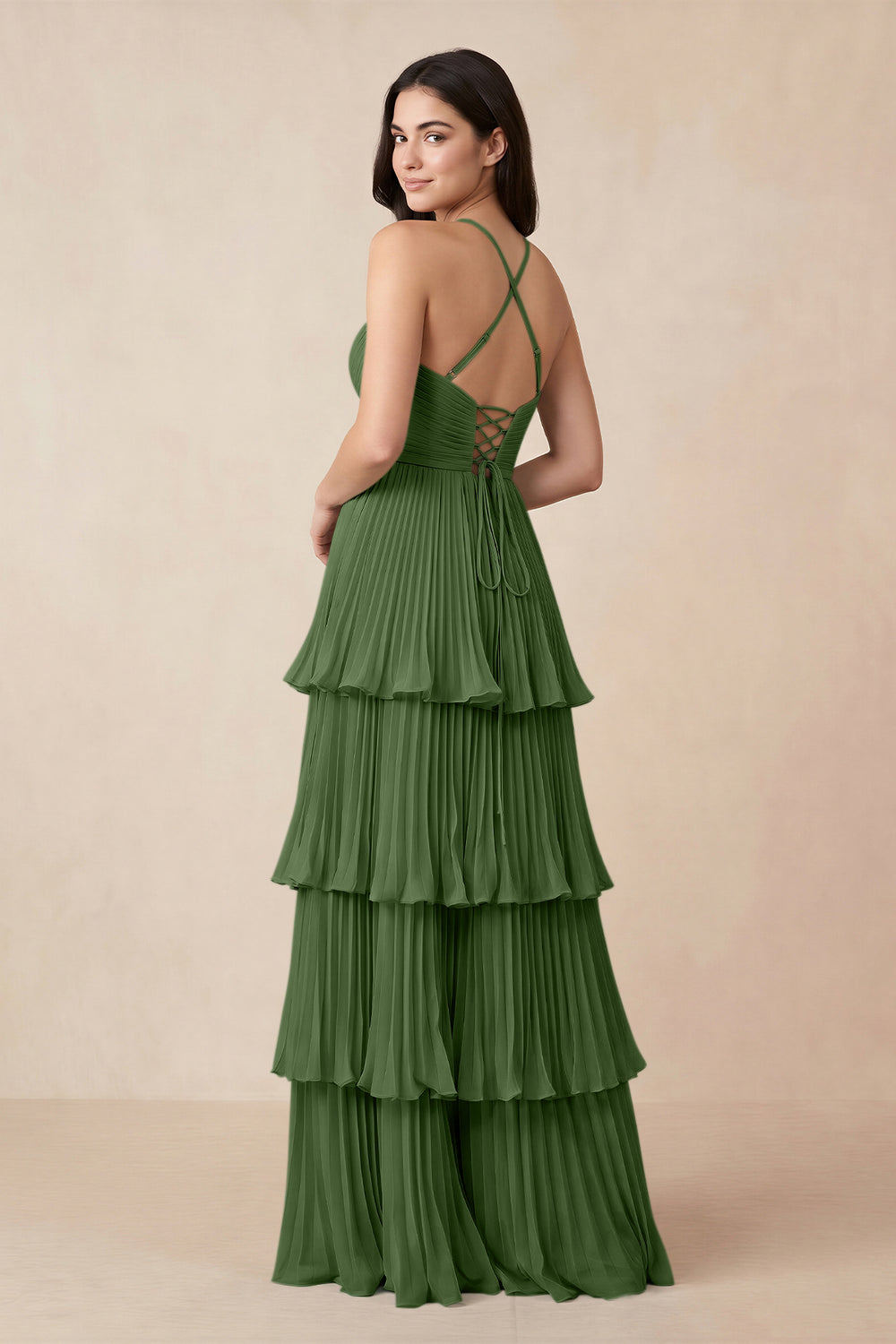 Tiered Pleated V-Neck A-Line Chiffon Bridesmaid Dress in Moss
