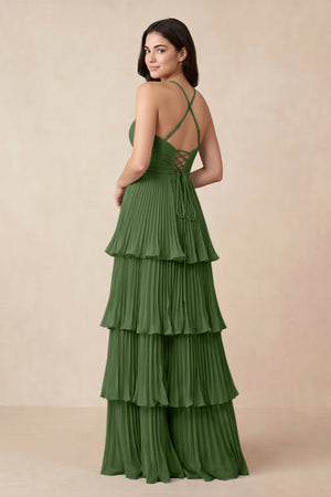 Tiered Pleated V - Neck A - Line Chiffon Bridesmaid Dress in Moss - KISS BRIDAL Bridesmaid Dresses