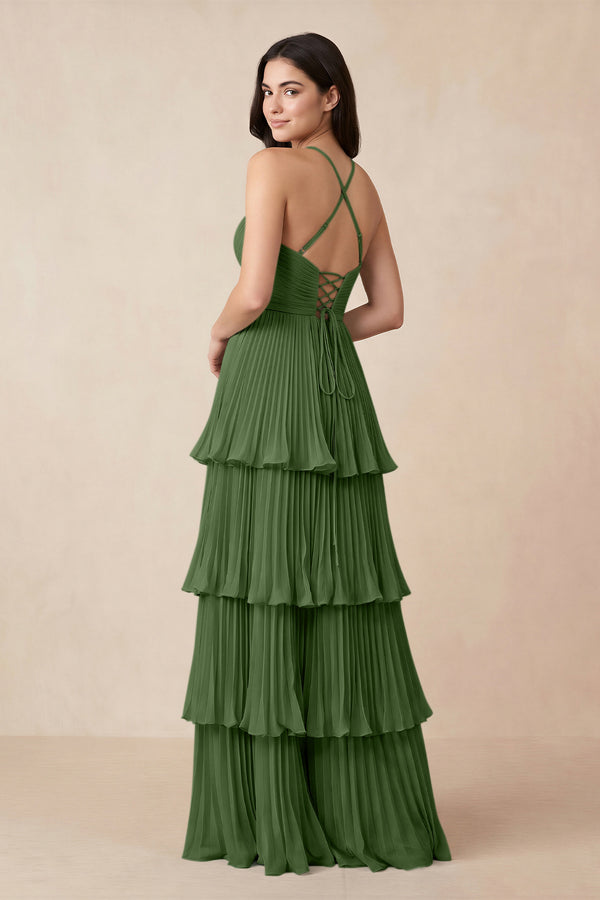 Tiered Pleated V - Neck A - Line Chiffon Bridesmaid Dress in Moss - KISS BRIDAL Bridesmaid Dresses