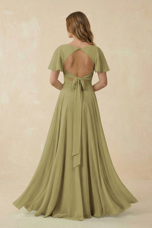 Flutter Sleeve V-Neck Chiffon A-Line Bridesmaid Dress in Moss Green | KISSBRIDAL