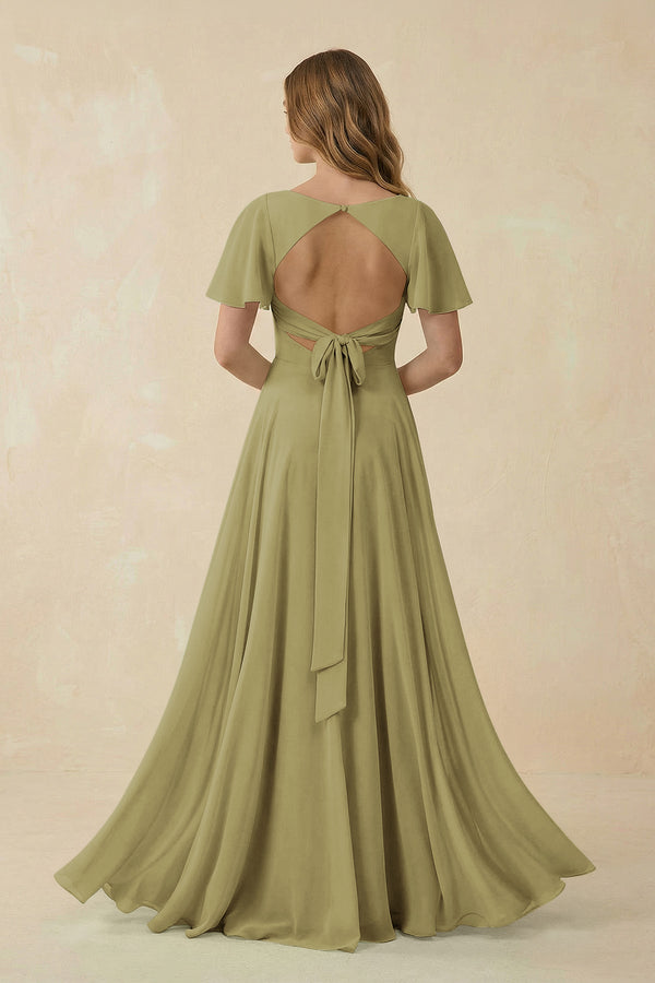 Flutter Sleeve V-Neck Chiffon A-Line Bridesmaid Dress in Moss Green | KISSBRIDAL