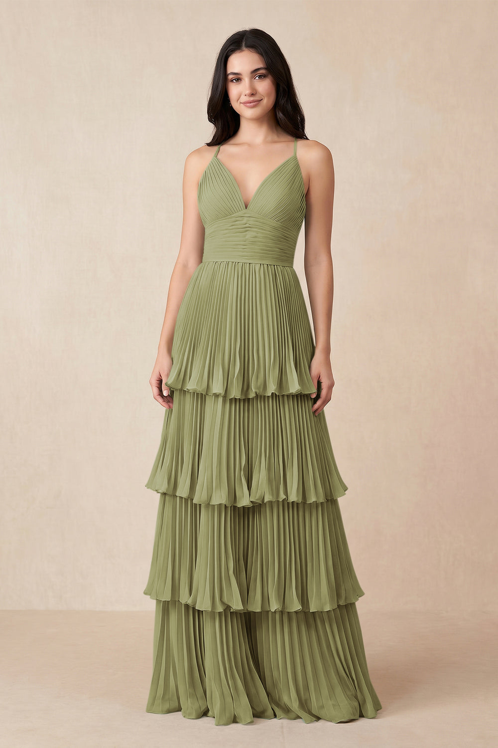 Tiered Pleated V-Neck A-Line Chiffon Bridesmaid Dress in Moss Green