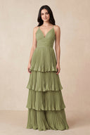 Tiered Pleated V - Neck A - Line Chiffon Bridesmaid Dress in Moss Green - KISS BRIDAL Bridesmaid Dresses