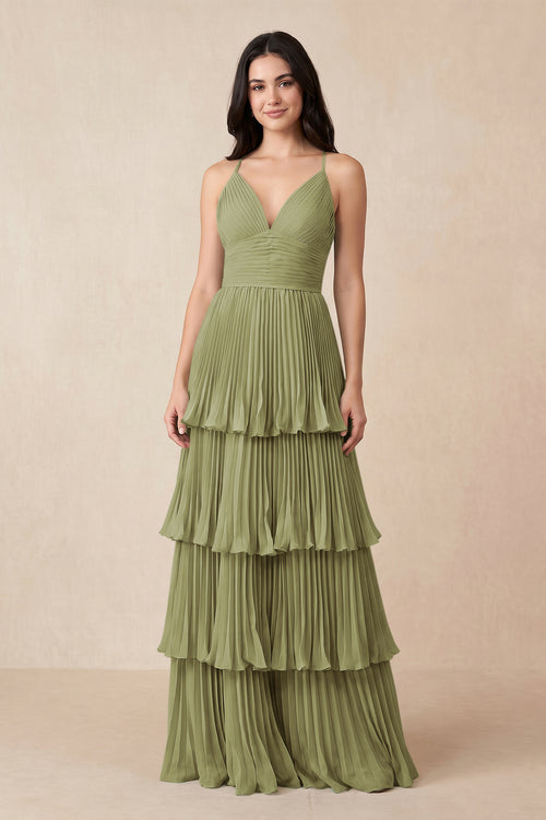 Tiered Pleated V - Neck A - Line Chiffon Bridesmaid Dress in Moss Green - KISS BRIDAL Bridesmaid Dresses