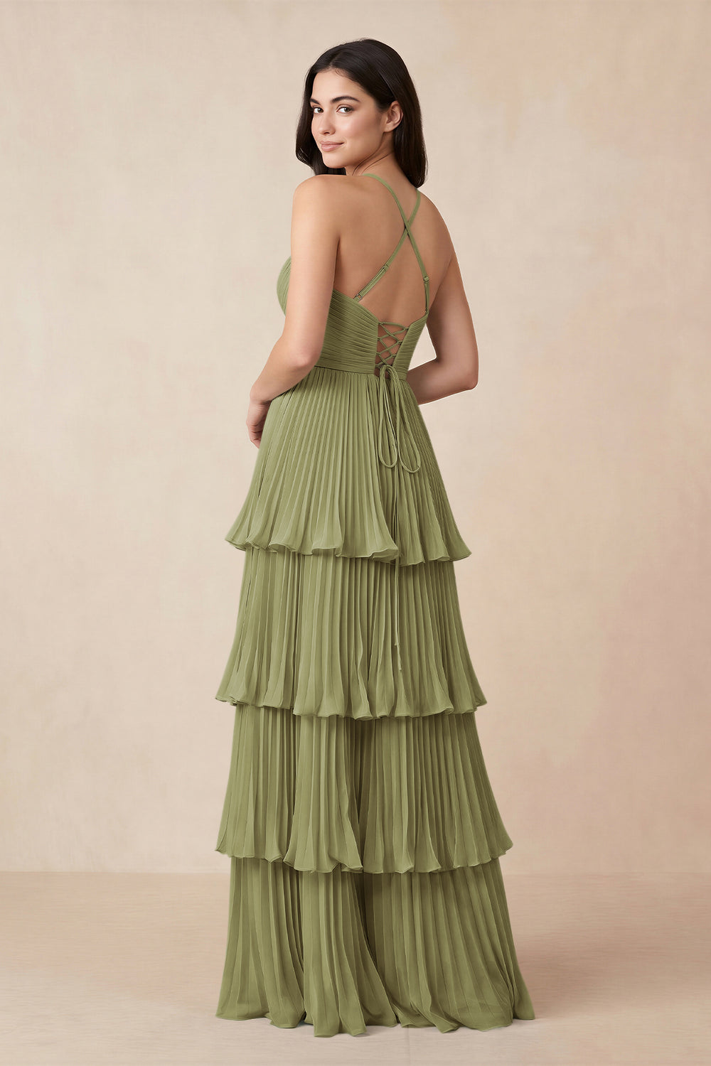 Tiered Pleated V-Neck A-Line Chiffon Bridesmaid Dress in Moss Green