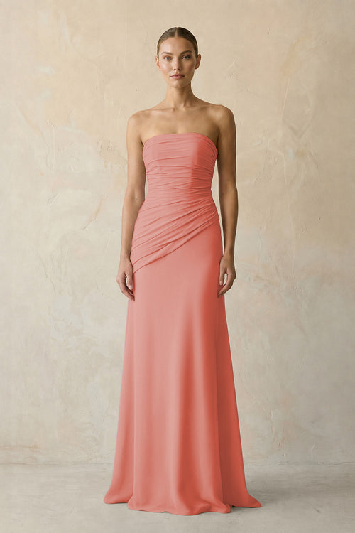 Mulberry Sheath Chiffon Strapless Pleated Bridesmaid Dress in Frost - KISS BRIDAL Bridesmaid Dresses