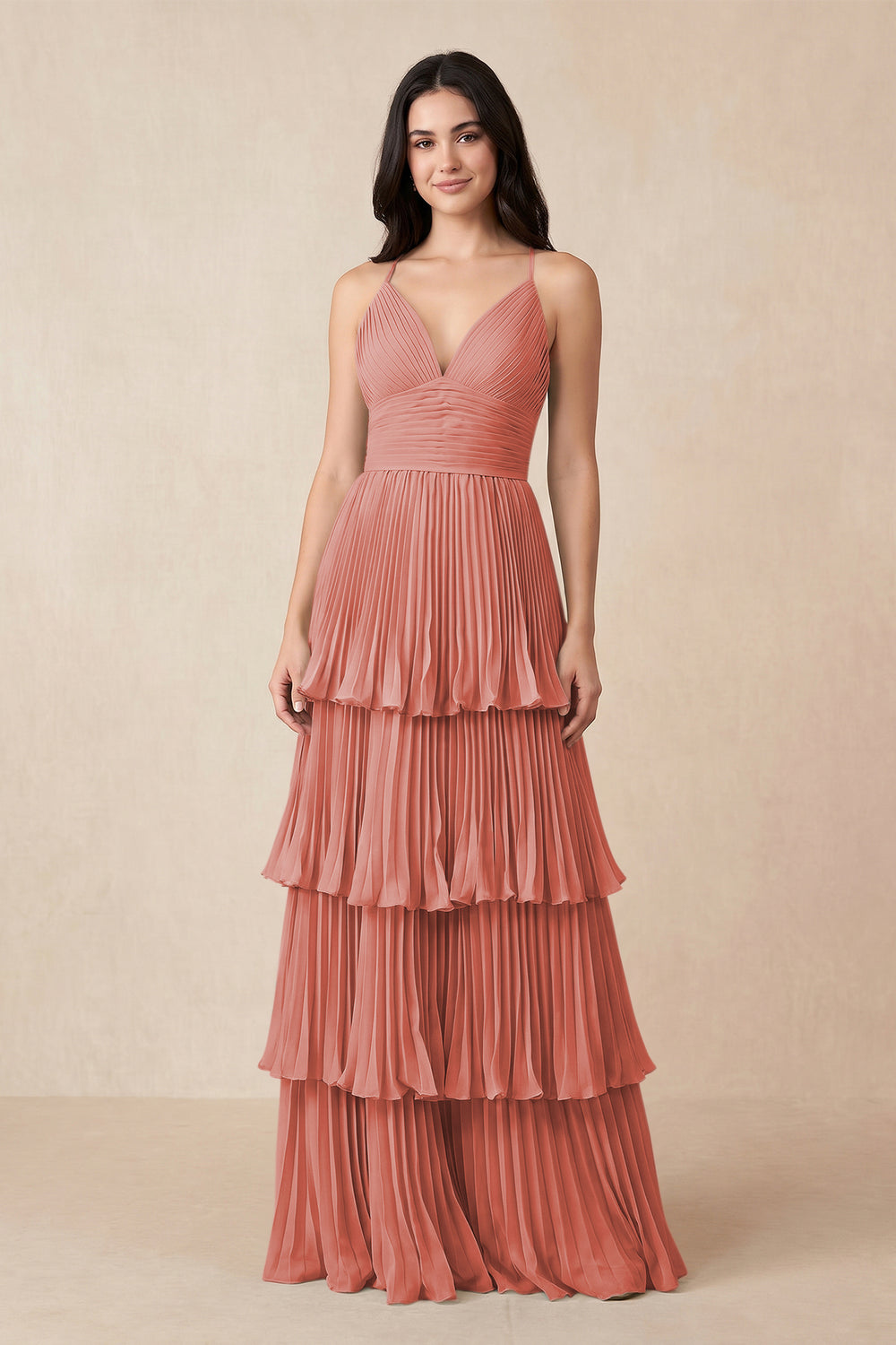 Tiered Pleated V-Neck A-Line Chiffon Bridesmaid Dress in Mulberry