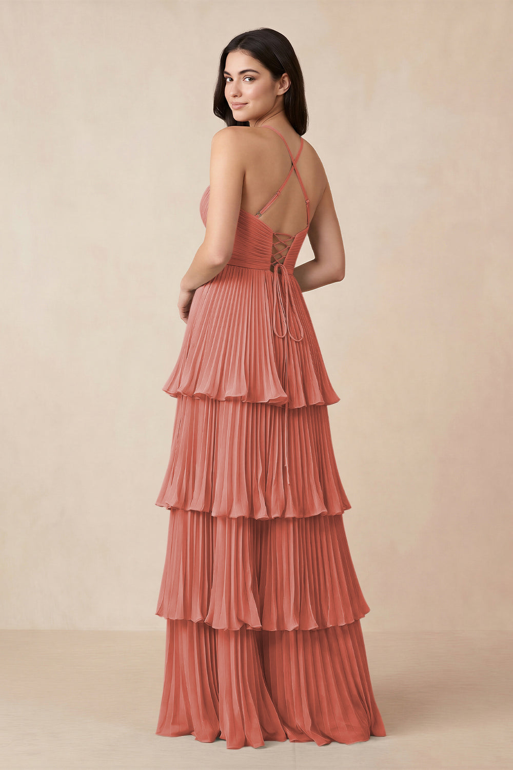 Tiered Pleated V-Neck A-Line Chiffon Bridesmaid Dress in Mulberry