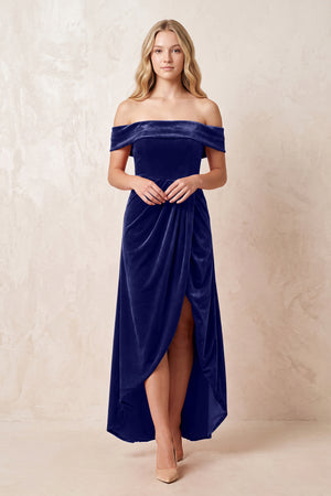 Off - the - Shoulder Sheath Velvet Midi Bridesmaid Dress in Navy - KISS BRIDAL Bridesmaid Dresses