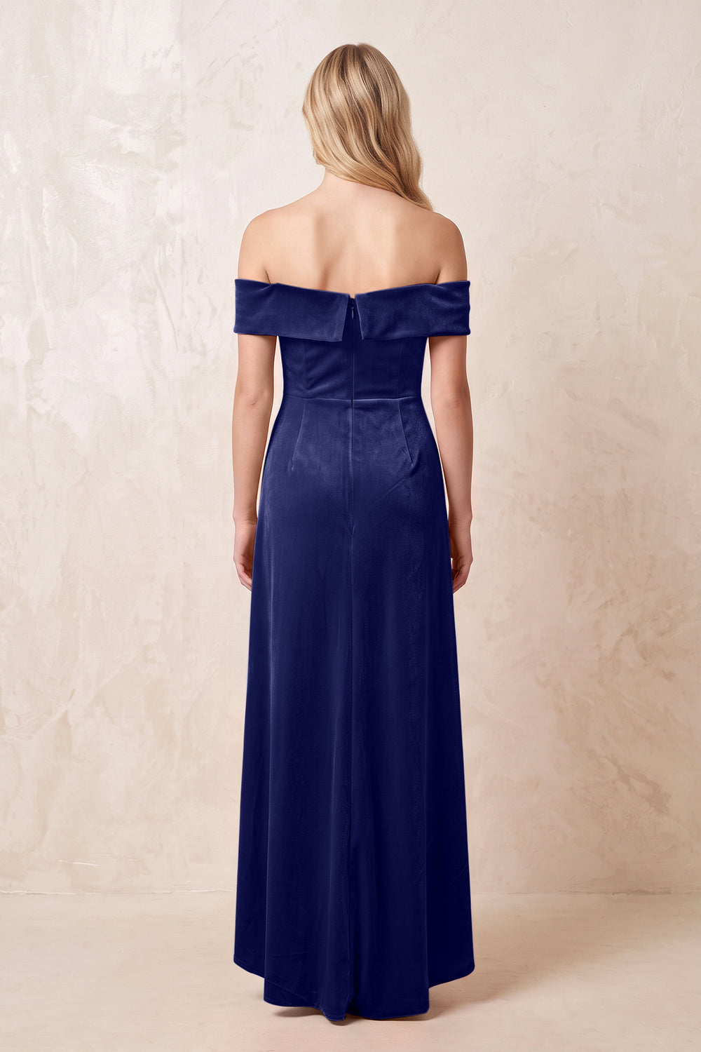 Off-the-Shoulder Sheath Velvet Midi Bridesmaid Dress in Navy