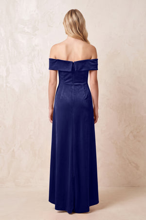 Off - the - Shoulder Sheath Velvet Midi Bridesmaid Dress in Navy - KISS BRIDAL Bridesmaid Dresses