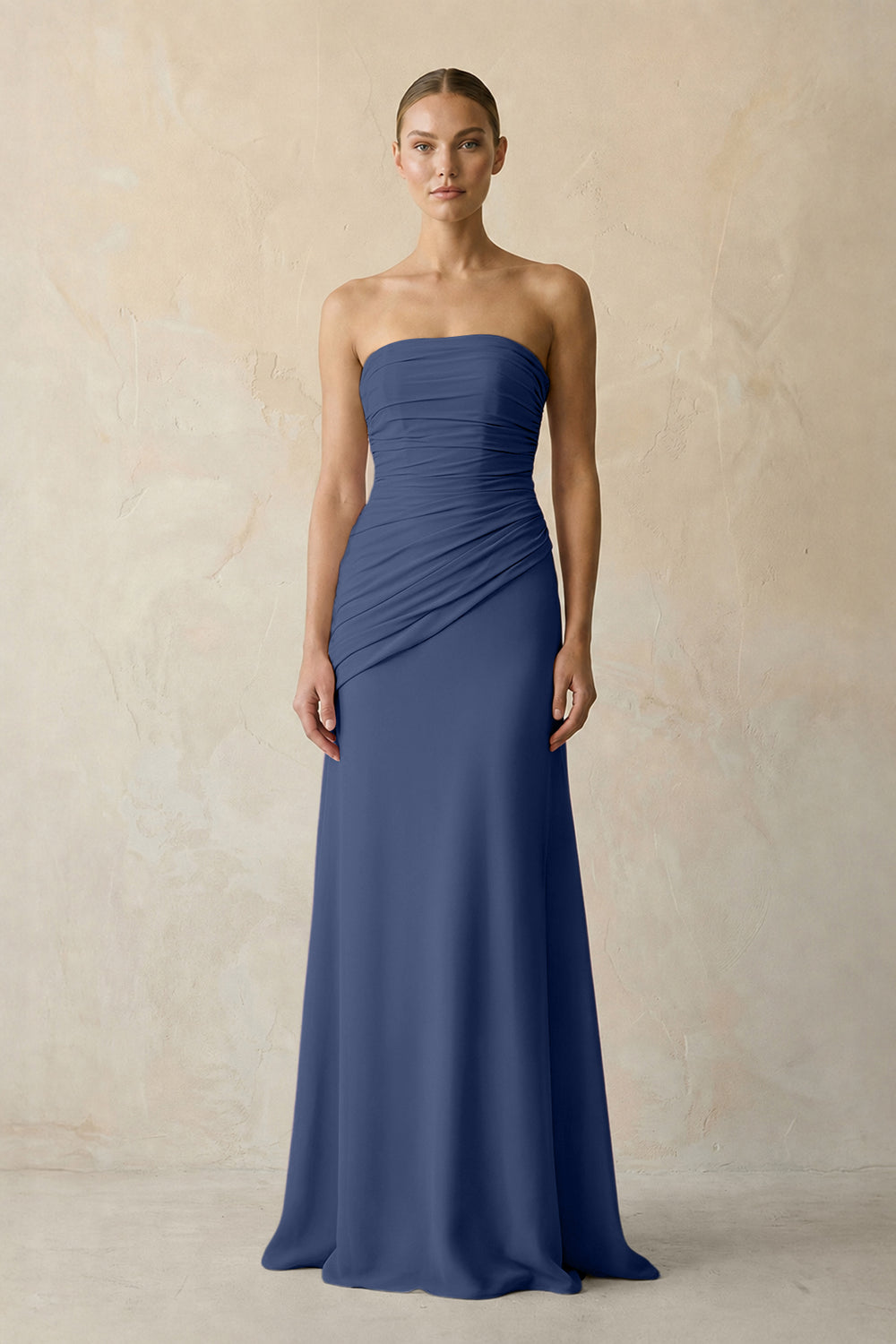 Sheath Chiffon Strapless Pleated Bridesmaid Dress in Navy