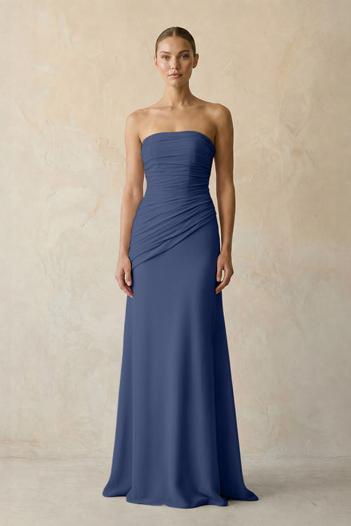 Navy Sheath Chiffon Strapless Pleated Bridesmaid Dress in Frost - KISS BRIDAL Bridesmaid Dresses