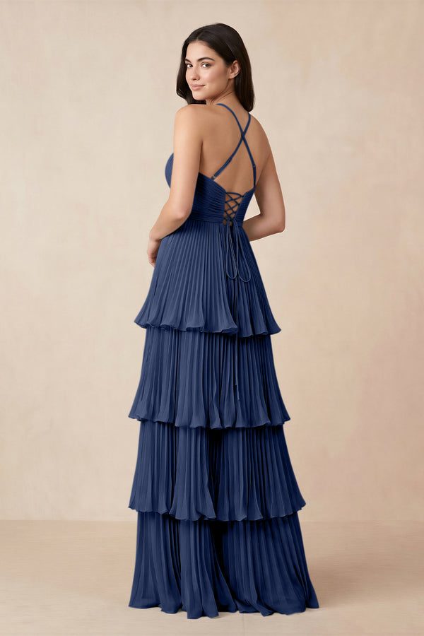 Tiered Pleated V - Neck A - Line Chiffon Bridesmaid Dress in Navy - KISS BRIDAL Bridesmaid Dresses