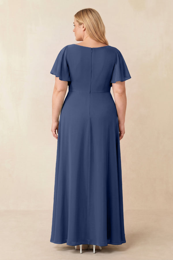 Short Sleeves Bateau A-Line Chiffon Bridesmaid Dress in Navy