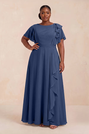 Short Sleeves Bateau A-Line Chiffon Bridesmaid Dress in Navy