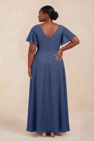 Short Sleeves Bateau A-Line Chiffon Bridesmaid Dress in Navy