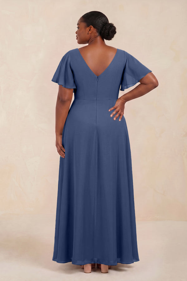 Short Sleeves Bateau A-Line Chiffon Bridesmaid Dress in Navy