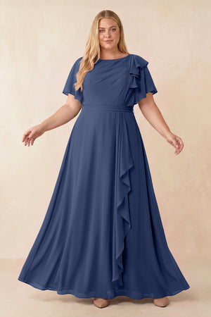 Short Sleeves Bateau A-Line Chiffon Bridesmaid Dress in Navy