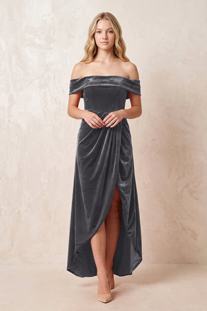 Off - the - Shoulder Sheath Velvet Midi Bridesmaid Dress in Neptune - KISS BRIDAL Bridesmaid Dresses