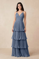 Tiered Pleated V - Neck A - Line Chiffon Bridesmaid Dress in Neptune - KISS BRIDAL Bridesmaid Dresses