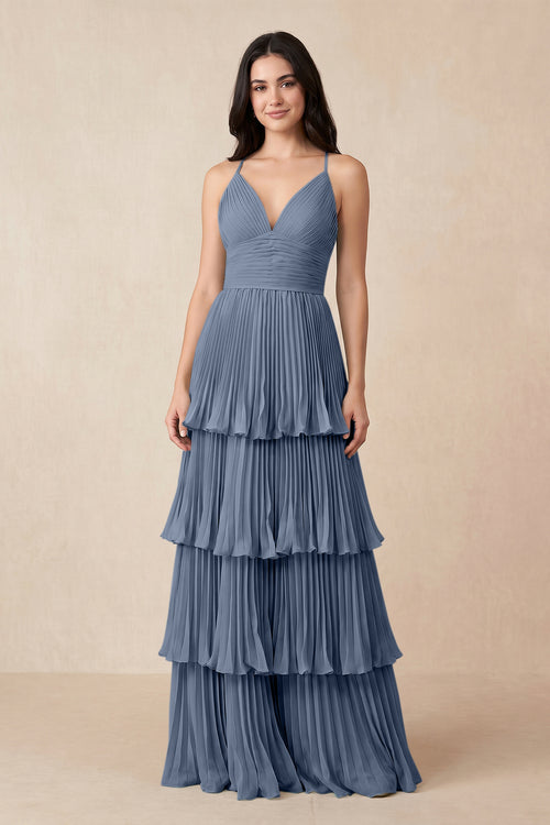 Tiered Pleated V - Neck A - Line Chiffon Bridesmaid Dress in Neptune - KISS BRIDAL Bridesmaid Dresses
