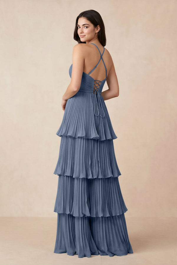 Tiered Pleated V - Neck A - Line Chiffon Bridesmaid Dress in Neptune - KISS BRIDAL Bridesmaid Dresses
