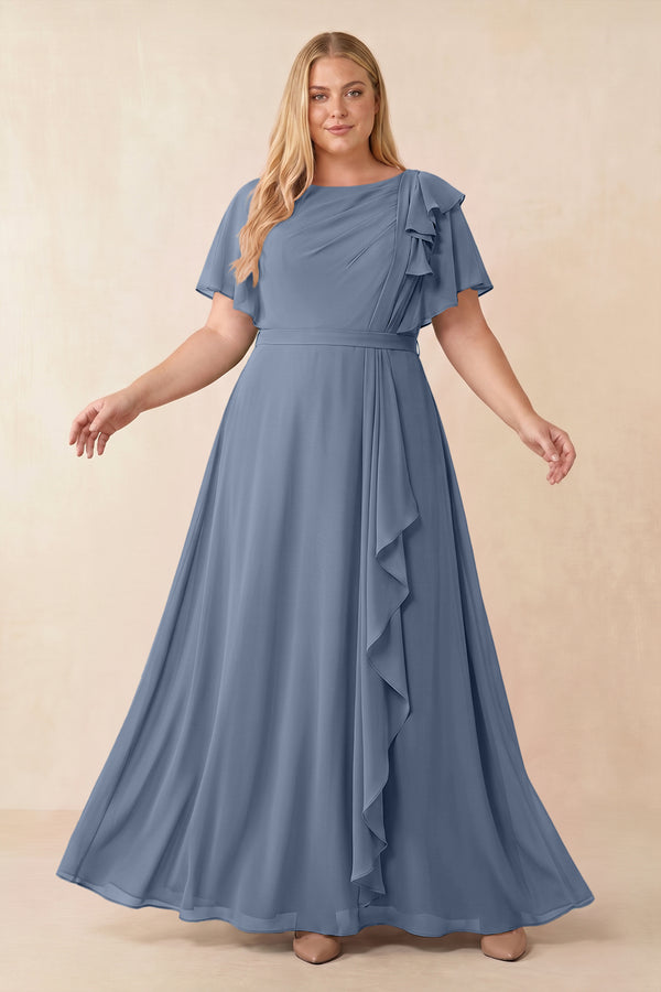 Short Sleeves Bateau A-Line Chiffon Bridesmaid Dress in Neptune