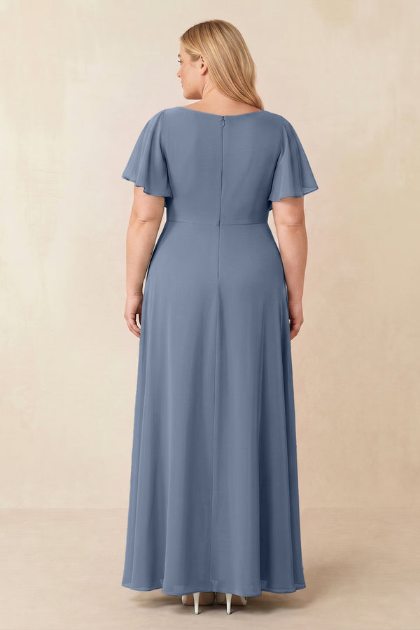 Short Sleeves Bateau A-Line Chiffon Bridesmaid Dress in Neptune