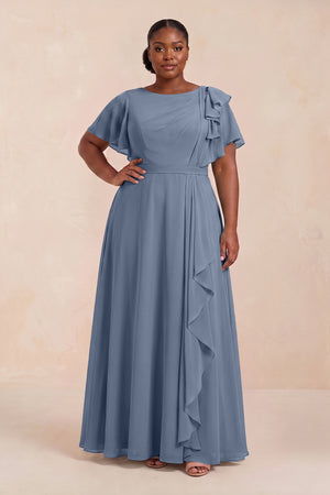Short Sleeves Bateau A-Line Chiffon Bridesmaid Dress in Neptune