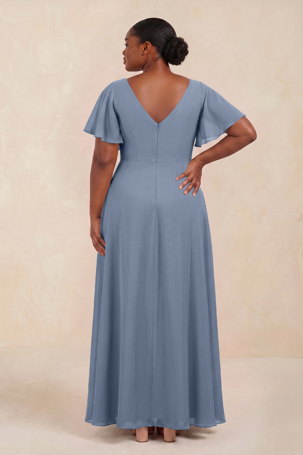 Short Sleeves Bateau A-Line Chiffon Bridesmaid Dress in Neptune