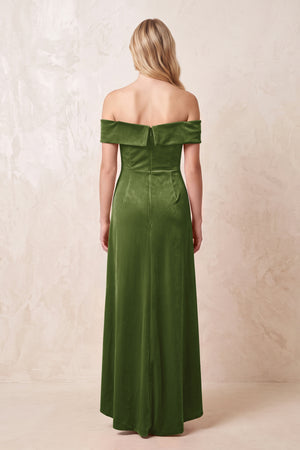 Off - the - Shoulder Sheath Velvet Midi Bridesmaid Dress in Olive - KISS BRIDAL Bridesmaid Dresses