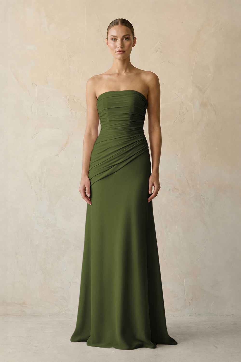 Sheath Chiffon Strapless Pleated Bridesmaid Dress in Olive