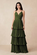 Tiered Pleated V - Neck A - Line Chiffon Bridesmaid Dress in Olive - KISS BRIDAL Bridesmaid Dresses