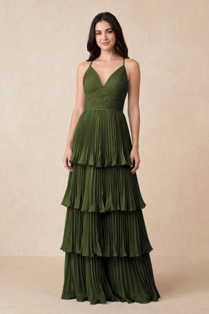 Tiered Pleated V - Neck A - Line Chiffon Bridesmaid Dress in Olive - KISS BRIDAL Bridesmaid Dresses