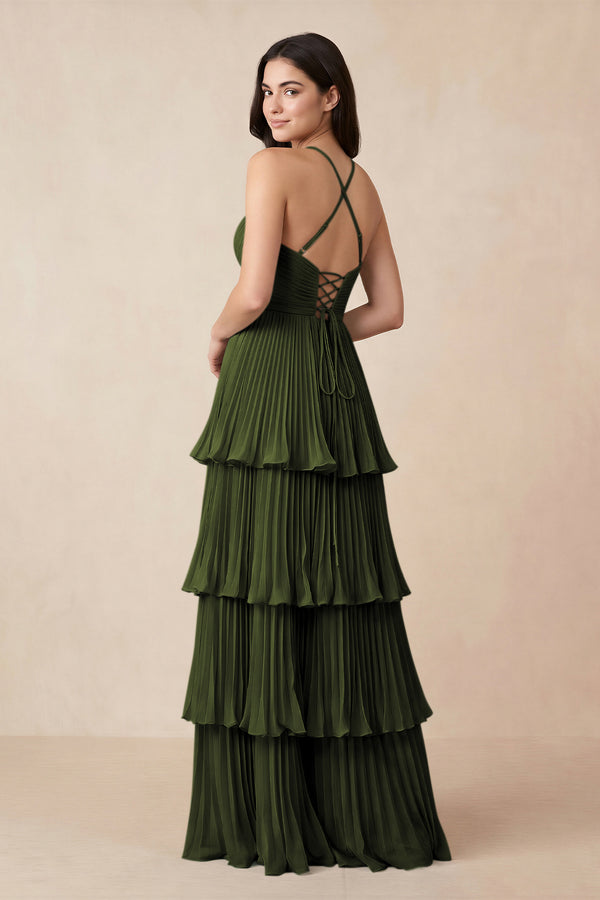 Tiered Pleated V - Neck A - Line Chiffon Bridesmaid Dress in Olive - KISS BRIDAL Bridesmaid Dresses