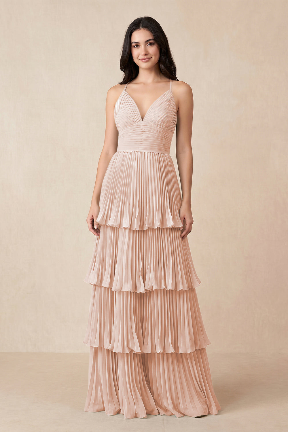 Tiered Pleated V-Neck A-Line Chiffon Bridesmaid Dress in Pale Blush