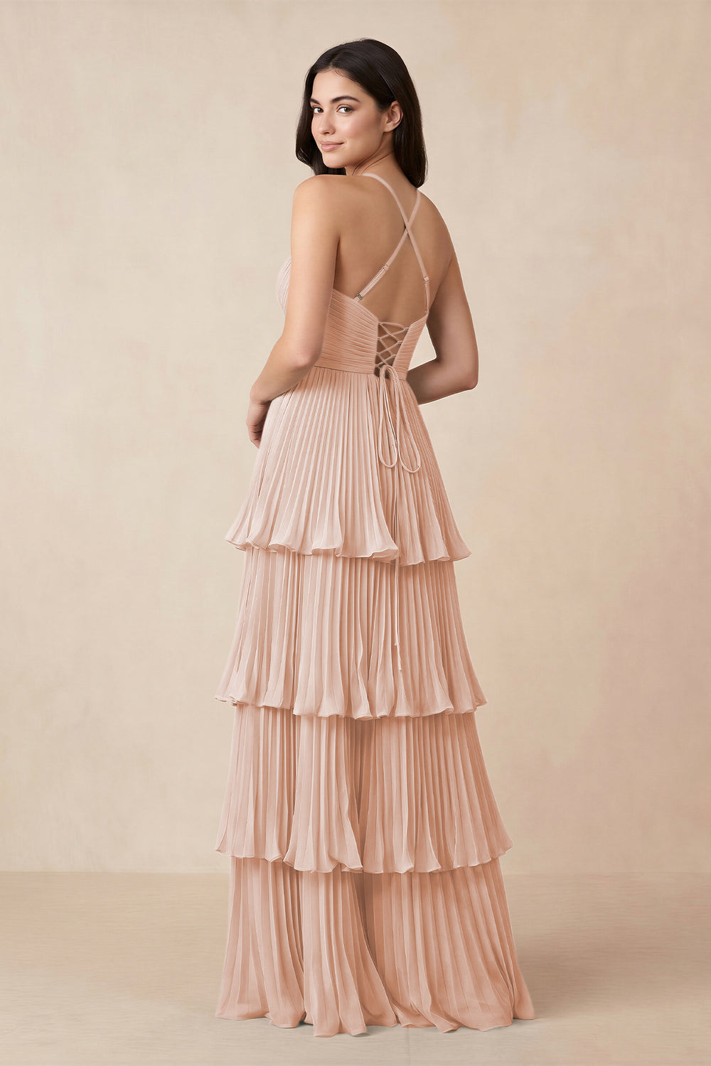 Tiered Pleated V-Neck A-Line Chiffon Bridesmaid Dress in Pale Blush