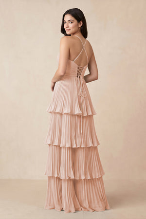Tiered Pleated V - Neck A - Line Chiffon Bridesmaid Dress in Pale Blush - KISS BRIDAL Bridesmaid Dresses